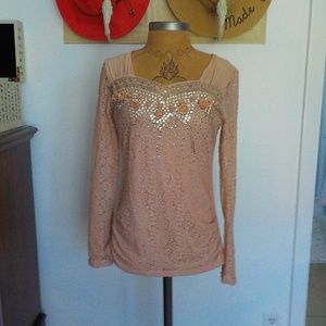 Peach Lined Lace Bejeweled Long Sleeve Top